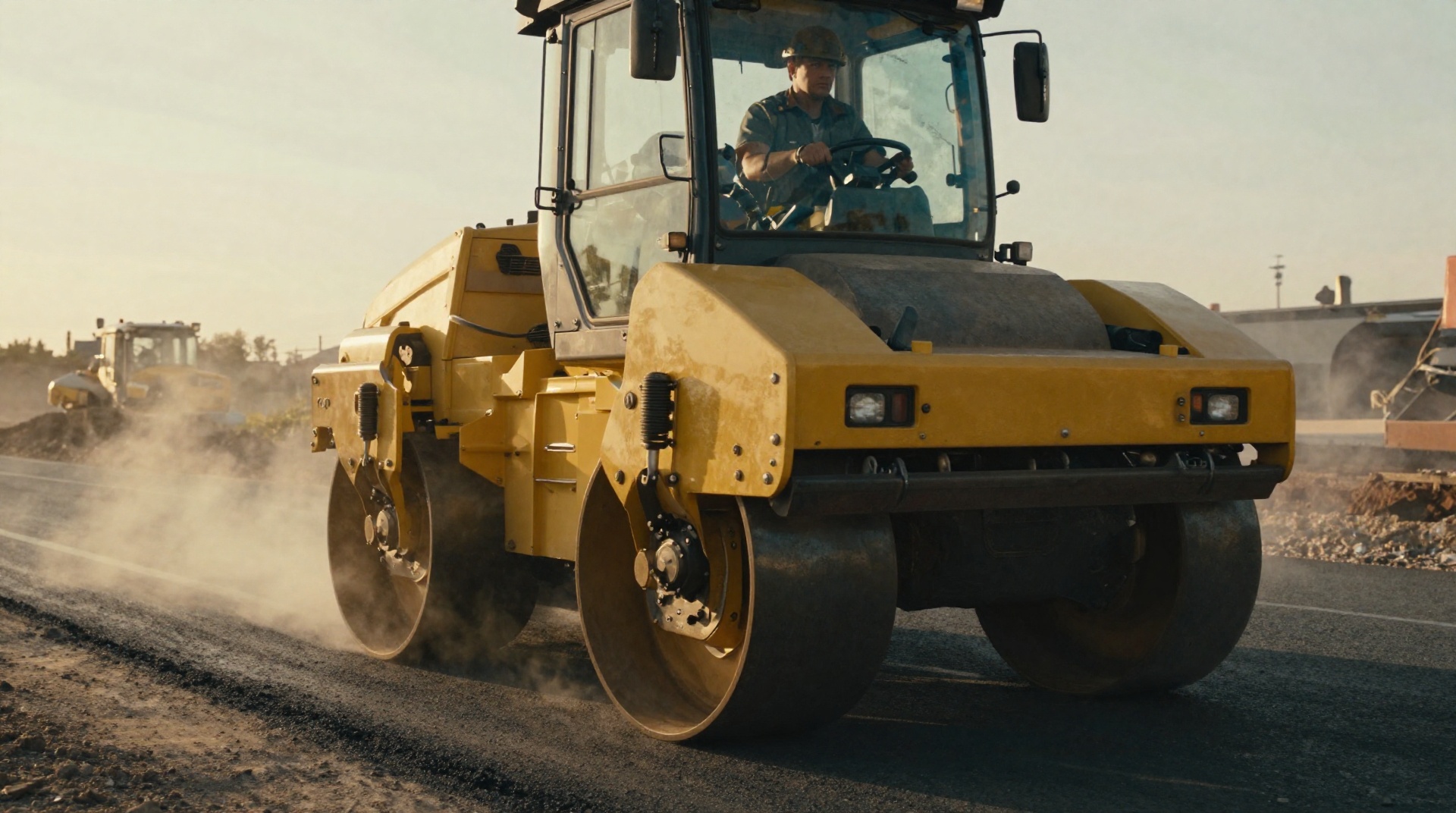 Вибрационный каток Caterpillar уплотняет свежий асфальт в золотой час, оператор в кабине